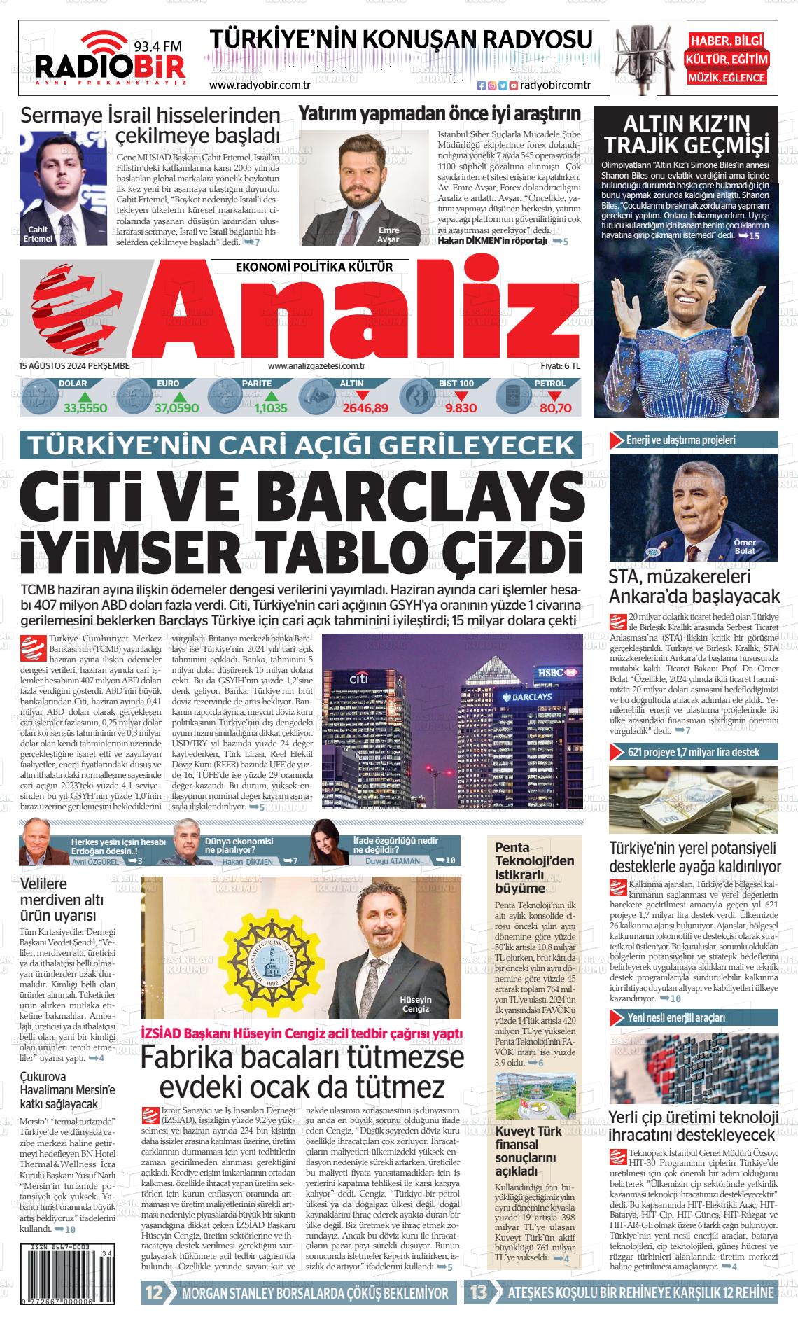 analiz 15 agustos 2024 tarihli gazetesi B