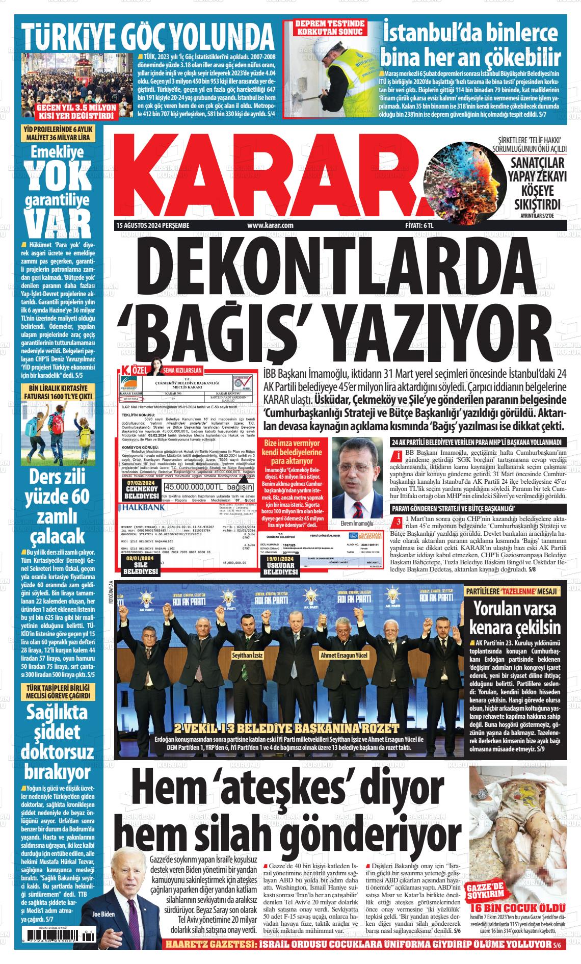 karar 15 agustos 2024 tarihli gazetesi B