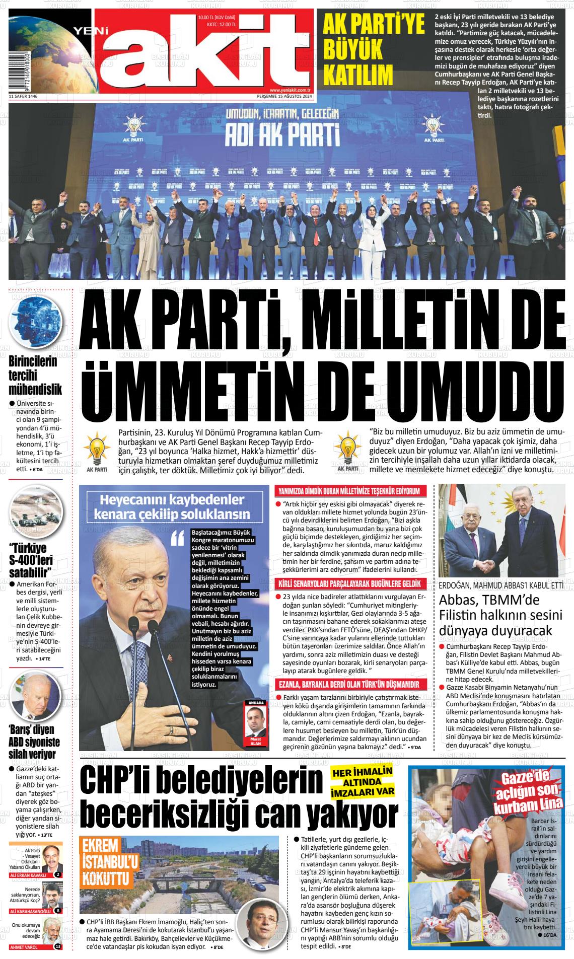 yeni akit 15 agustos 2024 tarihli gazetesi B